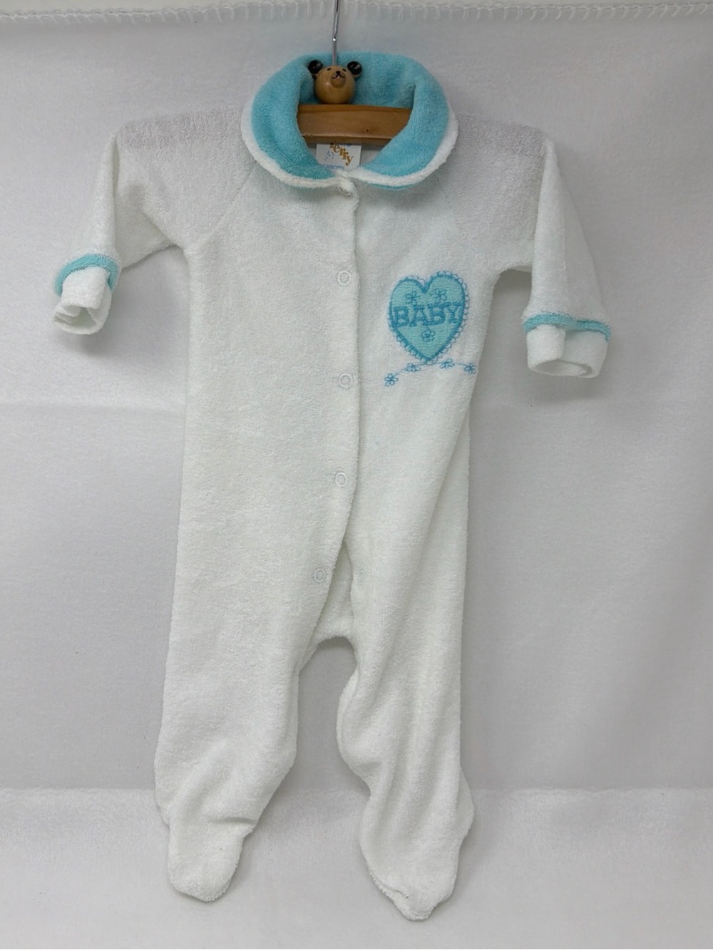 Vintage Infant Terry Footed Sleep Suit in White with Blue Trim Size Newborn